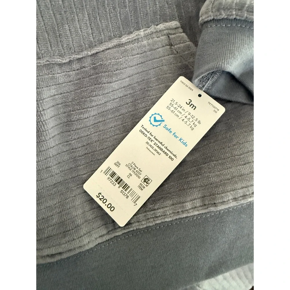 Carters Just One You Baby Boys 3M Gray Velour Hoodie and Pants 2pc Set NWT